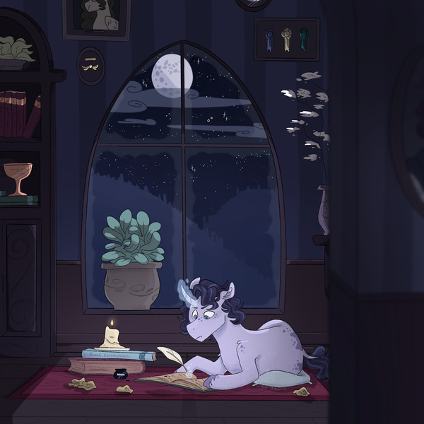 Size: 1024x1024 | Tagged: safe, artist:torielity, derpibooru import, oc, unofficial characters only, pony, unicorn, book, bookshelf, candle, inkwell, moon, quill, solo, stars, window, writing