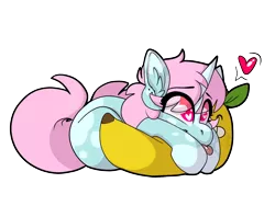 Size: 1600x1200 | Tagged: safe, artist:spoopygander, derpibooru import, oc, oc:scoops, unofficial characters only, pony, unicorn, :p, banana, cuddling, cute, ear fluff, female, food, heart, heart eyes, leaf, looking up, mare, markings, mlem, plushie, silly, smiling, solo, tongue out, wingding eyes