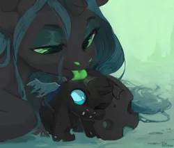 Size: 2351x1999 | Tagged: safe, artist:graypillow, derpibooru import, queen chrysalis, changeling, annoyed, behaving like a cat, catling, cheek fluff, cleaning, cute, cutealis, cuteling, fangs, female, fluffy, frown, green tongue, licking, lidded eyes, looking up, mommy chrissy, motherly love, one eye closed, prone, sitting, tongue out, weapons-grade cute, wink