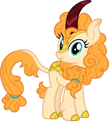 Size: 1329x1500 | Tagged: safe, artist:cloudyglow, derpibooru import, pear butter, kirin, the perfect pear, cloven hooves, colored hooves, cute, female, freckles, kirinified, looking at you, pearabetes, simple background, smiling, solo, species swap, transparent background, vector