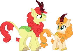 Size: 2129x1500 | Tagged: safe, artist:cloudyglow, derpibooru import, bright mac, pear butter, kirin, the perfect pear, brightbutter, cloven hooves, colored hooves, female, freckles, kirinified, looking at each other, male, shipping, simple background, smiling, species swap, straight, transparent background, vector