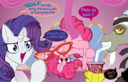 Size: 1761x1137 | Tagged: suggestive, artist:frist44, derpibooru import, discord, pinkie pie, rarity, earth pony, pony, unicorn, comic:panty shopping with discord, blushing, carousel boutique, censored, censorship, clothes, comic, crotchboobs, dialogue, dock, drink, drinking, drinking straw, female, glasses, grin, headband, implied fluttershy, magic, mare, mirror, nudity, offscreen character, pubic fluff, raised hoof, shirt, smiling, smirk, soda, strategically covered, straw, table, tongue out