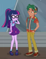 Size: 561x720 | Tagged: safe, derpibooru import, screencap, sci-twi, timber spruce, twilight sparkle, equestria girls, equestria girls series, star crossed, backpack, blushing, clothes, cropped, female, geode of telekinesis, hands in pockets, magical geodes, male, pants, ponytail, shoes, skirt, smiling, vest