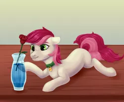 Size: 2500x2067 | Tagged: safe, derpibooru import, roseluck, earth pony, pony, behaving like a cat, collar, commission, cute, cuteluck, digital art, female, flower, looking at something, lying, mare, missing cutie mark, pet tag, pony pet, prone, rose, rosepet, table, vase