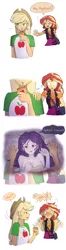 Size: 1000x3774 | Tagged: suggestive, artist:tcn1205, derpibooru import, applejack, rarity, sunset shimmer, human, equestria girls, equestria girls series, apple, applejack's hat, bag, blushing, breasts, clothes, comic, cowboy hat, female, female pov, food, geode of empathy, hat, humanized, implied sex, juice, juice box, lesbian, looking at you, magical geodes, offscreen character, open mouth, pony coloring, pov, rarijack, sexy, shipping, simple background, speech bubble, sweat, thai, white background