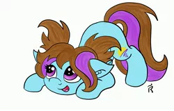Size: 3000x1920 | Tagged: safe, artist:dawn-designs-art, derpibooru import, oc, oc:dawn, earth pony, pony, adorable face, blue coat, brown mane, crouching, cute, female, filly, pigtails, purple eyes, purple mane, smiling, solo