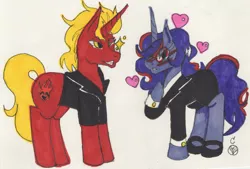 Size: 1998x1354 | Tagged: safe, artist:cailadelrose, derpibooru import, oc, oc:aramau, oc:firebrand, unofficial characters only, pony, unicorn, blushing, clothes, female, glasses, heart, high heels, male, mare, oc x oc, one eye closed, shipping, shoes, simple background, stallion, straight, traditional art, white background, wink