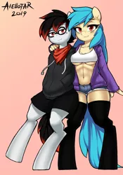 Size: 1750x2500 | Tagged: anthro, artist:iloota, bandana, belly button, blushing, breasts, clothes, daisy dukes, derpibooru import, female, glasses, hoodie, hot pants, male, mare, midriff, oc, oc:aiellotar, oc:iloota, open clothes, open shirt, pegasus, shorts, smiling, socks, sports bra, stallion, stockings, suggestive, sweater, thigh highs, top, underboob, unguligrade anthro, unofficial characters only