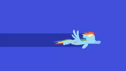 Size: 2550x1440 | Tagged: safe, artist:minimalist-archive, derpibooru import, edit, editor:padgriffin, rainbow dash, pegasus, pony, blue background, female, floppy ears, flying, hooves, lineless, mare, minimalist, modern art, simple background, solo, wallpaper, wings