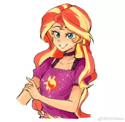 Size: 1144x1116 | Tagged: safe, artist:keeerooooo1, derpibooru import, sunset shimmer, equestria girls, equestria girls series, spring breakdown, spoiler:eqg series (season 2), beautiful, clothes, cruise outfit, cute, cutie mark, cutie mark on clothes, shimmerbetes, simple background, smiling, solo, white background