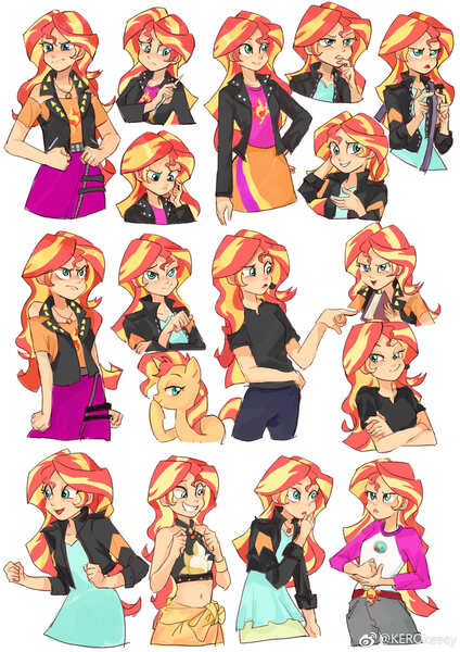 Size: 2480x3507 | Tagged: safe, artist:keeerooooo1, derpibooru import, sunset shimmer, pony, unicorn, all the world's off stage, equestria girls, equestria girls (movie), equestria girls series, forgotten friendship, legend of everfree, mirror magic, spoiler:eqg specials, angry, belly button, bikini, book, clothes, cute, female, geode of empathy, hand on hip, headset, jacket, jewelry, leather, leather jacket, magical geodes, mare, microphone, midriff, miniskirt, necklace, open mouth, pants, sarong, shirt, shorts, simple background, skirt, sleeveless, smiling, swimsuit, white background