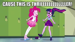 Size: 960x540 | Tagged: safe, derpibooru import, edit, edited screencap, screencap, pinkie pie, sci-twi, twilight sparkle, equestria girls, equestria girls series, stressed in show, stressed in show: pinkie pie, spoiler:eqg series (season 2), caption, clothes, eyes closed, female, geode of sugar bombs, geode of telekinesis, glasses, image macro, magical geodes, meme, michael jackson, pantyhose, ponytail, sandals, shoes, skirt, socks, song reference, text, thriller, yelling