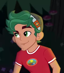 Size: 613x697 | Tagged: safe, derpibooru import, screencap, timber spruce, equestria girls, legend of everfree, camp everfree logo, camp everfree outfits, clothes, cropped, male, smiling, solo