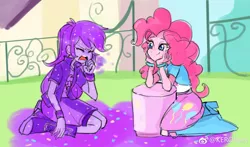 Size: 2259x1330 | Tagged: safe, artist:keeerooooo1, derpibooru import, pinkie pie, rainbow dash, equestria girls, pinkie on the one, rainbow rocks, boots, clothes, compression shorts, covered, eyes closed, glitter, open mouth, purple, purple dash, scene interpretation, shoes, shorts, skirt, smiling