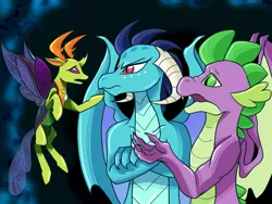 Size: 2048x1536 | Tagged: safe, artist:artfestation, artist:kindheart525, derpibooru import, princess ember, spike, thorax, changedling, changeling, dragon, kindverse, bisexual, emberspike, embrax, female, gay, interspecies, king thorax, macro, male, older, older spike, ot3, shipping, size difference, spembrax, straight, thoraxspike