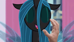 Size: 800x450 | Tagged: safe, derpibooru import, edit, edited screencap, editor:hotkinkajou, screencap, queen chrysalis, changeling, changeling queen, pony, a canterlot wedding, adorkable, animated, bouncing, cute, cutealis, disembodied hand, dork, dorkalis, eyes closed, female, gif, hand, happy, hopping, hotkinkajou is trying to murder us, jumping, loop, open mouth, perfect loop, petting, scratching, silly, silly changeling, silly pony, smiling, solo focus