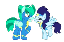 Size: 1612x1056 | Tagged: safe, artist:sapphireartemis, derpibooru import, oc, oc:sapphire skies, oc:thunder greenlight, unofficial characters only, pony, boop, clothes, female, male, mare, noseboop, simple background, stallion, transparent background, uniform, wonderbolt trainee uniform, wonderbolts uniform