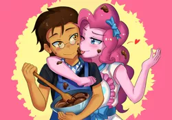 Size: 800x560 | Tagged: safe, artist:tzc, derpibooru import, pinkie pie, oc, oc:copper plume, equestria girls, equestria girls series, the craft of cookies, spoiler:eqg series (season 2), anime, apron, baking, blushing, bow, bowl, canon x oc, chocolate, clothes, commission, commissioner:imperfectxiii, copperpie, craft, female, food, glasses, licking, male, neckerchief, one eye closed, shipping, shirt, spoon, straight, tongue out, wink, wooden spoon