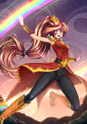 Size: 1240x1754 | Tagged: safe, alternate version, artist:adsouto, derpibooru import, sunset shimmer, human, equestria girls, armpits, badass, clothes, crystal guardian, female, geode of empathy, humanized, jumping, looking at you, magical geodes, ponied up, rainbow, smiling, solo