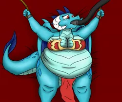 Size: 1000x838 | Tagged: anthro, artist:8aerondight8, bbw, belly, belly button, big belly, big breasts, breasts, busty princess ember, derpibooru import, dragon, dragonlard ember, fat, feeding tube, female, force feeding, princess ember, slave leia outfit, solo, suggestive, weight gain