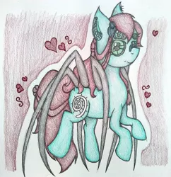 Size: 1187x1224 | Tagged: safe, artist:angelofthewisp, derpibooru import, oc, oc:arachness, unofficial characters only, monster pony, original species, pony, spiderpony, black sclera, colored sclera, ear piercing, earring, female, heart, jewelry, mare, multiple eyes, piercing, solo, traditional art