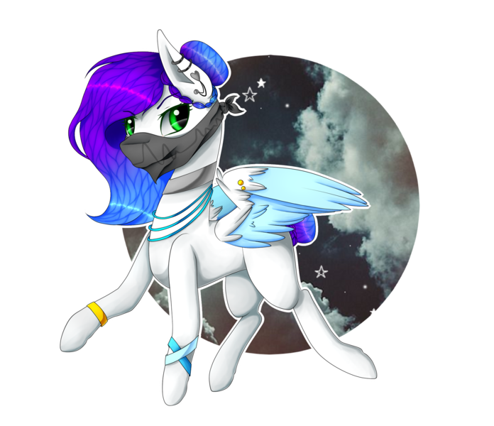 Size: 1792x1544 | Tagged: safe, artist:song-star, derpibooru import, oc, oc:fly-bi, unofficial characters only, pegasus, pony, bandana, blank flank, bracelet, choker, colored wings, ear piercing, earring, female, jewelry, mare, multicolored wings, necklace, piercing, raised hoof, solo, wing piercing, wings, wristband