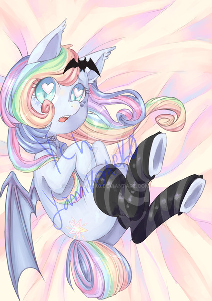 Size: 900x1273 | Tagged: safe, artist:yamikonek0, derpibooru import, oc, unofficial characters only, bat pony, pony, bat pony oc, bat wings, bed, commission, cute, heart eyes, multicolored hair, rainbow hair, sexy, solo, underhoof, wingding eyes, wings, ych result