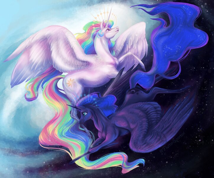 Size: 3856x3196 | Tagged: safe, artist:dragonspirit469, derpibooru import, princess celestia, princess luna, alicorn, pony, cutie mark, duo, female, flying, halo, long tail, mare, royal sisters, siblings, sisters, space, spread wings, stars, wings