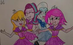 Size: 1280x786 | Tagged: safe, artist:malevolentsamson, derpibooru import, fuchsia blush, lavender lace, starlight glimmer, trixie, equestria girls, traditional art, trixie and the illusions