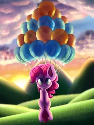 Size: 1280x1707 | Tagged: safe, artist:aquapegasus, derpibooru import, pinkie pie, earth pony, pony, balloon, cloud, female, floating, grass, mare, mountain, mountain range, open mouth, sky, smiling, solo, sunrise, then watch her balloons lift her up to the sky