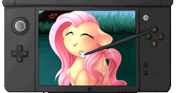 Size: 870x460 | Tagged: safe, artist:scarlet-spectrum, artist:szafir87, derpibooru import, fluttershy, pegasus, pony, 3ds, animated, blushing, cute, eyes closed, female, floppy ears, gif, heart, hnnng, mare, nintendo, open mouth, petting, pokémon, raised hoof, shyabetes, solo, stylus, szafir87 is trying to murder us, weapons-grade cute