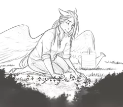 Size: 2484x2151 | Tagged: anthro, anthro oc, artist:askbubblelee, clothes, derpibooru import, female, flower, freckles, garden, gardening, grandmother, kneeling, mare, monochrome, oc, oc:willow breeze, pegasus, safe, shirt, simple background, sketch, smiling, solo, unguligrade anthro, unofficial characters only, watering can, white background