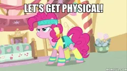 Size: 600x337 | Tagged: safe, derpibooru import, edit, edited screencap, screencap, pinkie pie, pony, a friend in deed, caption, dua lipa, image macro, impact font, olivia newton-john, physical, song, song meme, song reference, text