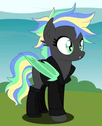 Size: 4372x5416 | Tagged: safe, artist:rainbowsurvivor, derpibooru import, oc, oc:primal screech, unofficial characters only, bat pony, pony, absurd resolution, bat pony oc, bat wings, boots, bush, chest fluff, clothes, ear piercing, earring, fangs, female, grass, jacket, jewelry, leather jacket, mare, piercing, shoes, sky, solo, wings