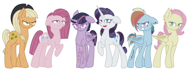 Size: 2374x910 | Tagged: safe, artist:irennecalder, derpibooru import, mean applejack, mean fluttershy, mean pinkie pie, mean rainbow dash, mean rarity, mean twilight sparkle, alicorn, earth pony, pegasus, pony, unicorn, icey-verse, the mean 6, alternate hairstyle, clone, clone six, commission, cowboy hat, ear fluff, ear piercing, earring, eye scar, female, hat, headcanon, jewelry, mare, open mouth, piercing, raised hoof, scar, short hair, short mane, sidecut, simple background, tattoo, transparent background, undercut