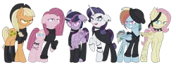 Size: 2374x910 | Tagged: safe, alternate version, artist:irennecalder, derpibooru import, mean applejack, mean fluttershy, mean pinkie pie, mean rainbow dash, mean rarity, mean twilight sparkle, alicorn, earth pony, pegasus, pony, unicorn, icey-verse, the mean 6, alternate hairstyle, anklet, bandana, beanie, boots, bracelet, cape, choker, clone, clone six, clothes, commission, cowboy hat, ear fluff, ear piercing, earring, eye scar, eyeshadow, female, gloves, hat, headcanon, hoodie, horn, horn ring, jewelry, makeup, mare, open mouth, piercing, raised hoof, ring, scar, scarf, shirt, shoes, short hair, short mane, sidecut, simple background, socks, spiked choker, spiked wristband, stockings, tattoo, thigh highs, transparent background, undercut, wristband