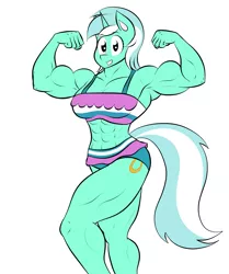 Size: 1381x1648 | Tagged: safe, artist:matchstickman, derpibooru import, lyra heartstrings, anthro, unicorn, abs, armpits, biceps, breasts, busty lyra heartstrings, clothes, deltoids, female, flexing, looking at you, lyra hamstrings, mare, muscles, simple background, solo, swimsuit, thighs, thunder thighs, white background