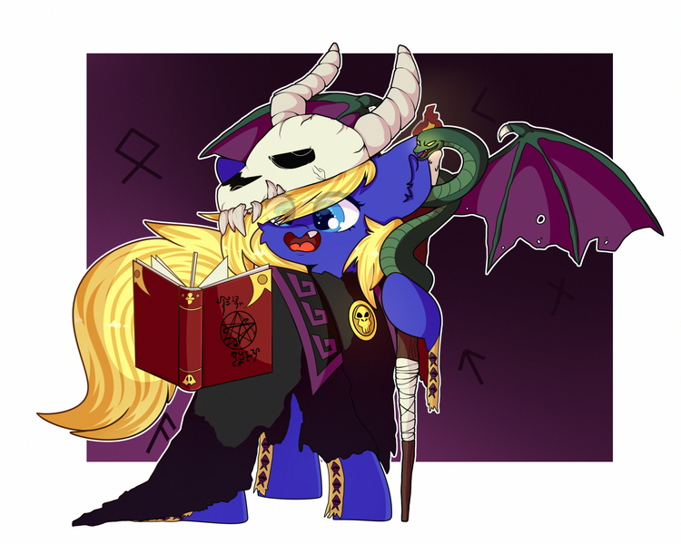 Size: 2500x2000 | Tagged: safe, artist:etoz, derpibooru import, oc, oc:spore, unofficial characters only, earth pony, pony, snake, bandage, book, candle, claws, clothes, commission, cute, female, fire, gradient background, happy, horn, mare, necromancer, necromancy, skull, smiling, staff, teeth, wings