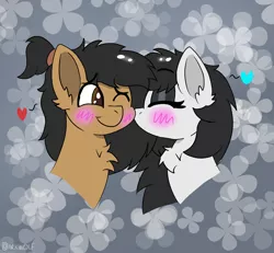 Size: 1250x1154 | Tagged: safe, artist:darkwolfhybrid, derpibooru import, oc, oc:frostie, oc:sketcher, unofficial characters only, pony, blushing, bust, chest fluff, commission, disembodied head, eyes closed, head, heart, kiss on the cheek, kissing, one eye closed, ponytail, smiling