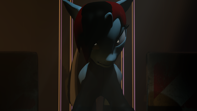 Size: 3265x1837 | Tagged: safe, artist:jollyoldcinema, derpibooru import, oc, oc:blacklightsorane, pony, 3d, angry, club, emotion, night, nightclub, solo, source filmmaker