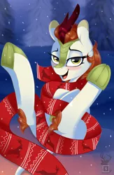 Size: 2008x3071 | Tagged: alternate version, artist:shadowreindeer, autumn blaze, bedroom eyes, blushing, christmas, clothes, derpibooru import, female, holiday, kirin, looking at you, scarf, smiling, snow, solo, solo female, sounds of silence, suggestive, underhoof, winter