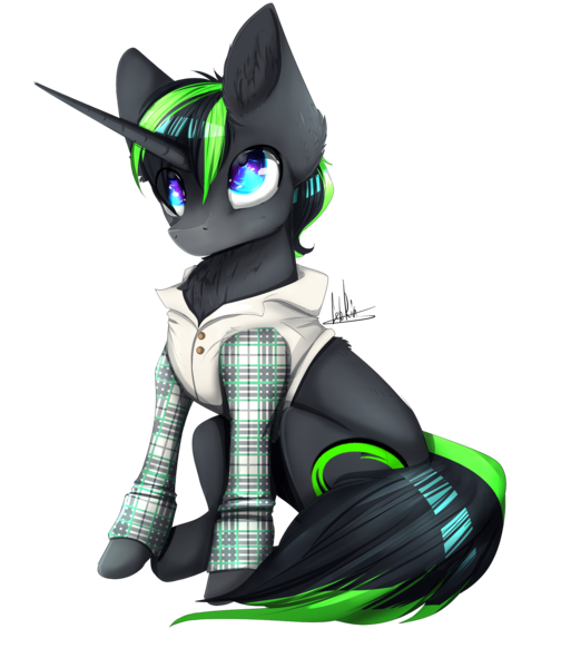 Size: 1908x2232 | Tagged: safe, artist:esth-official, derpibooru import, oc, oc:vortex zero, pony, unicorn, big eyes, black hair, blue eyes, burrito ears, clothes, cute, flannel, gray coat, green hair, male, powdered hooves, powdered snoot, size difference, smaller male, smol, solo, tuxedo