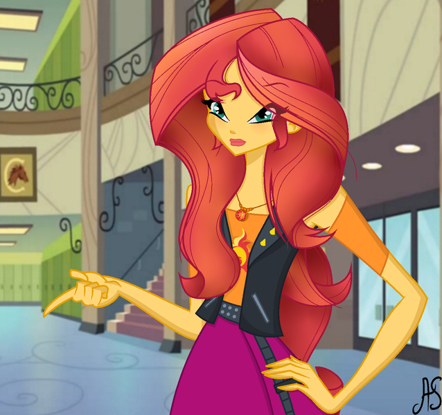 Size: 1309x1231 | Tagged: safe, artist:sparkling-sunset-s08, derpibooru import, sunset shimmer, human, equestria girls, equestria girls series, clothes, crossover, geode of empathy, hasbro, hasbro studios, jewelry, looking at you, magical geodes, necklace, rainbow s.r.l, solo, winx club, winxified, world of winx