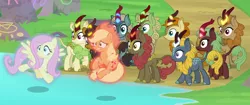 Size: 1500x630 | Tagged: safe, derpibooru import, screencap, applejack, autumn afternoon, cinder glow, fern flare, forest fall, maple brown, pumpkin smoke, sparkling brook, spring glow, summer flare, winter flame, earth pony, kirin, pegasus, pony, sounds of silence, background kirin, cropped, female, levitation, magic, male, mare, stream of silence, surprised, telekinesis, worried