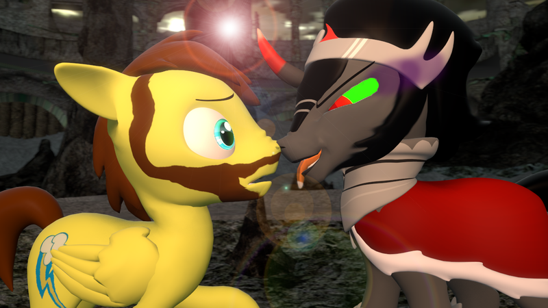 Size: 1280x720 | Tagged: safe, artist:sky chaser, derpibooru import, king sombra, oc, oc:sky chaser, pegasus, pony, unicorn, 3d, boop, canon x oc, cape, clothes, crown, facial hair, floppy ears, jewelry, male, noseboop, regalia, scared, sombra eyes, source filmmaker, stallion, tongue out