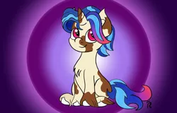 Size: 1280x820 | Tagged: safe, artist:dawn-designs-art, derpibooru import, oc, oc:fernando, pony, unicorn, blue mane, cream coat, cute, male, pinto, rose eyes, sitting, smiling, solo, stallion