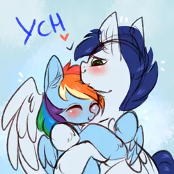 Size: 3000x3000 | Tagged: safe, artist:pesty_skillengton, derpibooru import, rainbow dash, oc, pony, commission, confused, couple, cute, female, hug, love, male, mare, shipping, straight, your character here