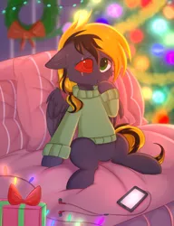 Size: 1635x2130 | Tagged: safe, artist:pesty_skillengton, derpibooru import, oc, oc:shade demonshy, unofficial characters only, pegasus, pony, christmas, christmas tree, clothes, confused, cute, female, heterochromia, holiday, phone, solo, sweater, tree