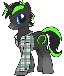 Size: 2059x2428 | Tagged: safe, artist:lightning stripe, derpibooru import, oc, oc:vortex zero, pony, unicorn, black, black coat, black hair, black mane, blue eyes, buttons, clothes, cutie mark, gradient hooves, green, green mane, horn, request, requested art, shirt, show accurate, simple background, solo, transparent background