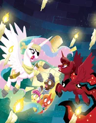 Size: 648x828 | Tagged: safe, artist:tonyfleecs, derpibooru import, firebrand, princess celestia, princess luna, strong oak, thrilly filly, alicorn, pony, tails of equestria, the haunting of equestria, cover, game, princess argent, princess solar, tabletop game